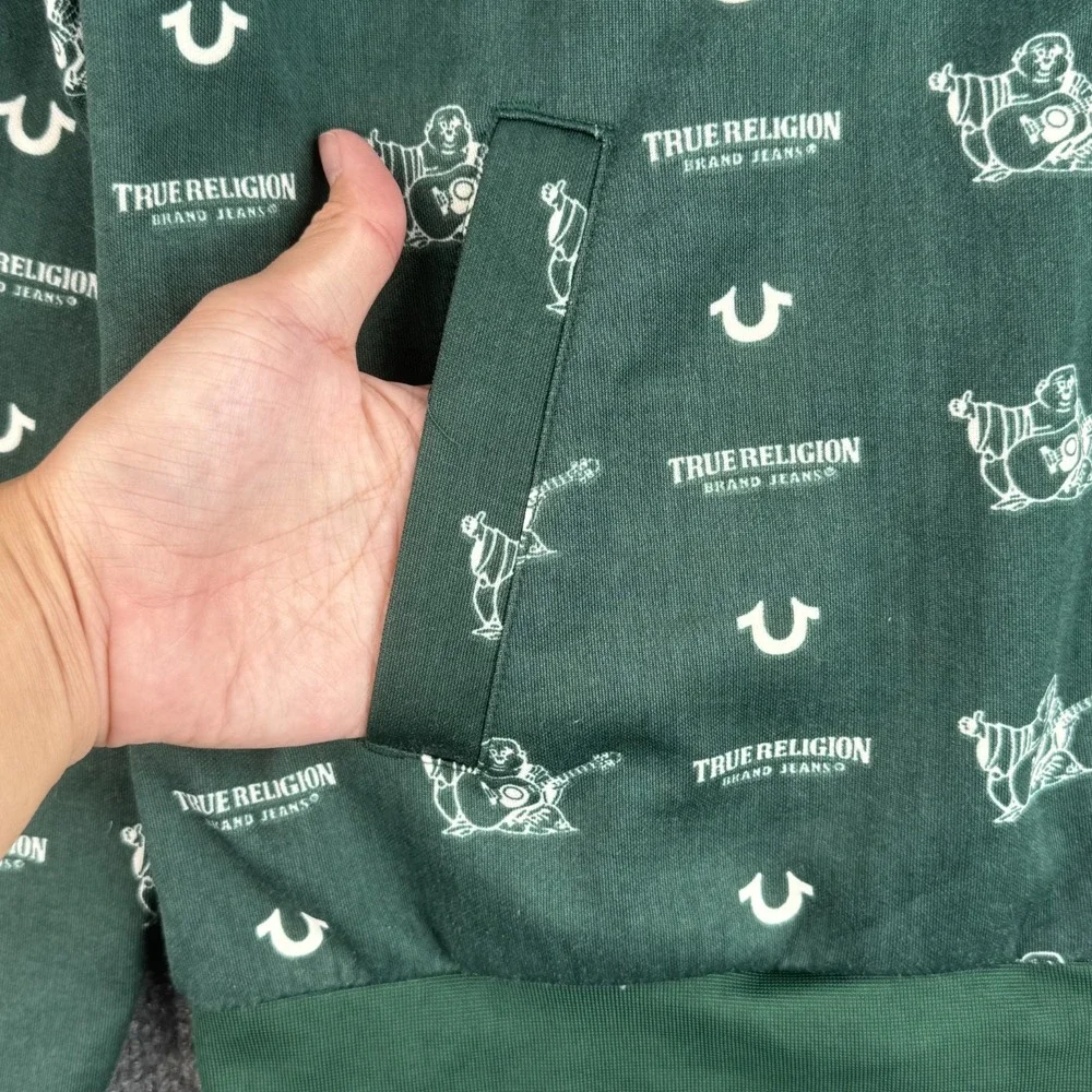 True Religion Track Jacket Mens S Green Monogram Buddha Logo Full Zip Stripe Y2K